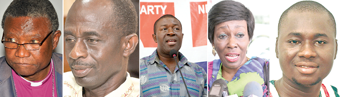 From left: Rev Prof. Emmanuel Asante — NPC, Mr Johnson Asiedu Nketia — NDC, Nana Akomea — NPP, Nana Konadu Agyeman Rawlings — NDP and Mr Atik Mohammed — PNC From left: Rev Prof. Emmanuel Asante — NPC, Mr Johnson Asiedu Nketia — NDC, Nana Akomea — NPP, Nana Konadu Agyeman Rawlings — NDP and Mr Atik Mohammed — PNC